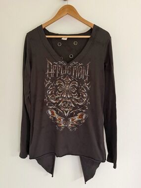 Affliction Blue Label Mineral Wash Charcoal Open Back Cross Graphic Top XL NWOT